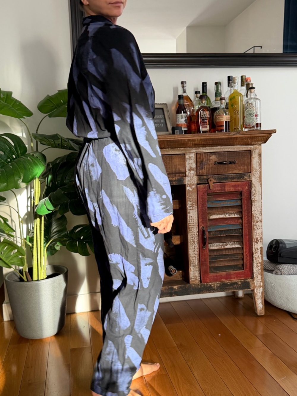 Black & Periwinkle Abstract Tie-Waist Jumpsuit - Picture 3 of 4